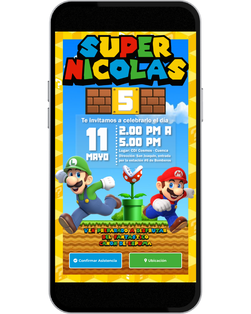 Invitación digital de mario bros para cumpleaños con música, botón de ubicación y botón de confirmación, invitación digital tipo video para quince años con música, botón de ubicación y botón de confirmación, invitación digital digital tipo web para quince años.