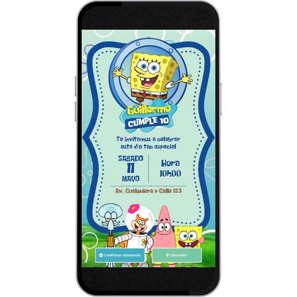 Invitación Digital Video de Cumpleaños - Bob Esponja para Cumpleaños con música, link de ubicación y botón de confirmación a whatsapp.