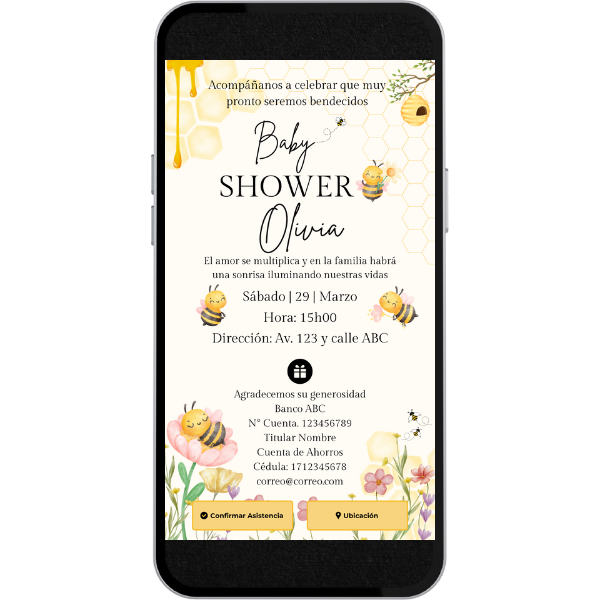 Invitación Digital Estático de Baby Shower - Abejita para Baby Shower con música, link de ubicación y botón de confirmación a whatsapp.