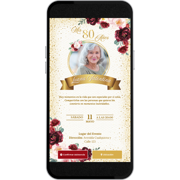 Invitación Digital Estático de Cumpleaños - Dorado y Rosas para Cumpleaños con música, link de ubicación y botón de confirmación a whatsapp.